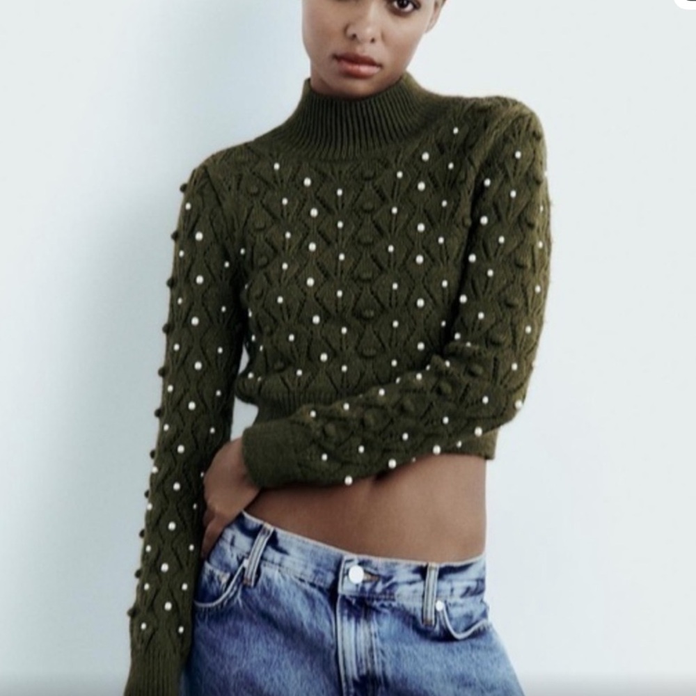 ZARA Olive Green Pearl-Embellished Cropper Cable Knit Sweater w/Open Back